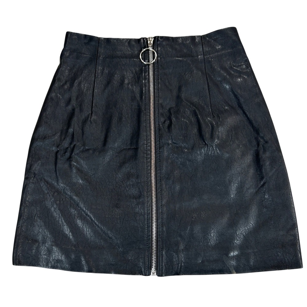 Forever 21‎ Womens Black Faux Leather Mini Skirt Full Front Zip O-Ring Size S